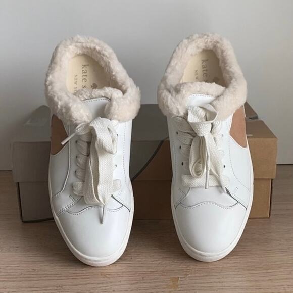 Kate Spade Fez Mule Faux Fur Wht Large Logo Leather Slip On Shoes Women- SZ 8.5 - Picture 8 of 9